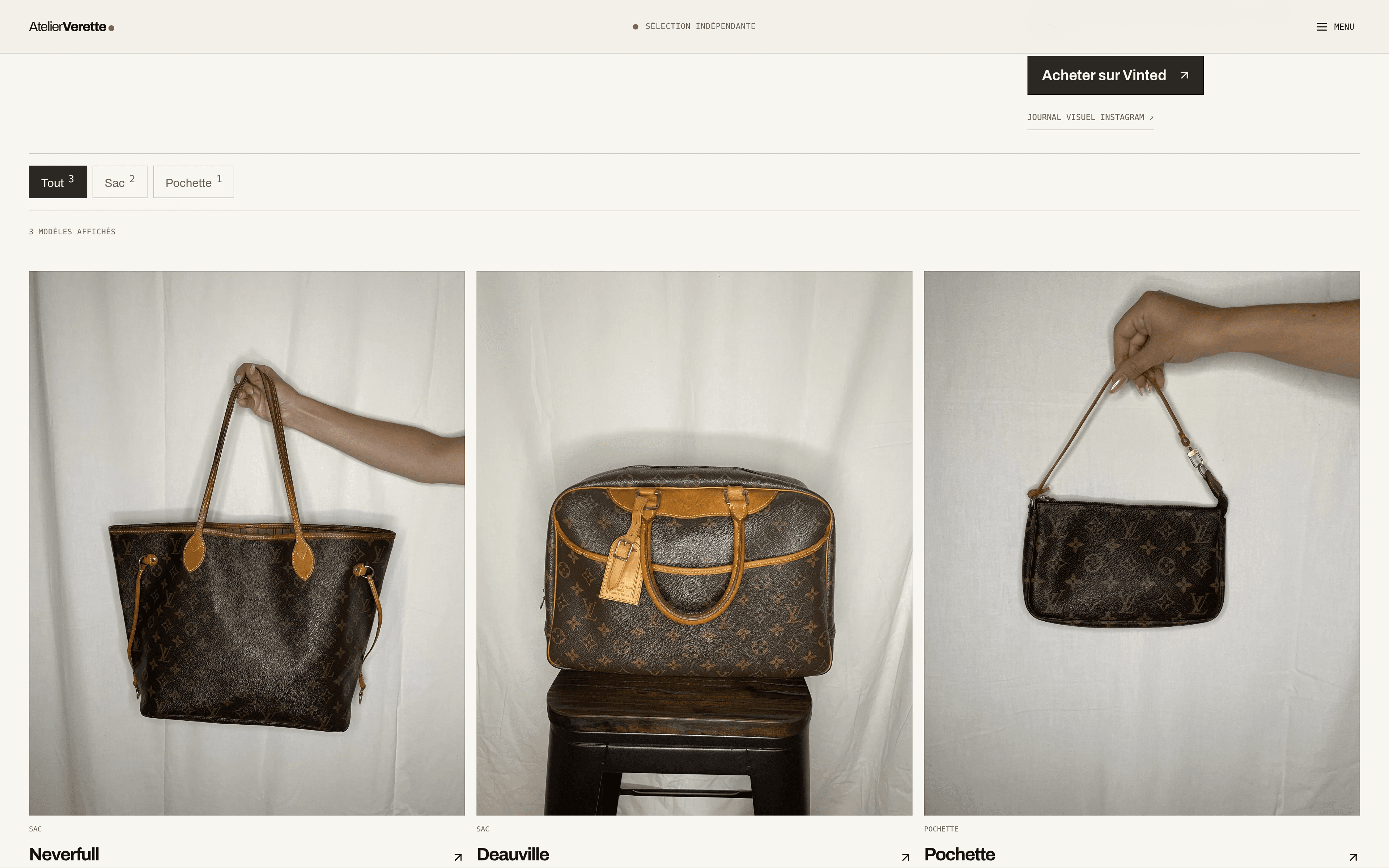 Catalogue réel Atelier Verette avec navigation, filtres et pièces disponibles