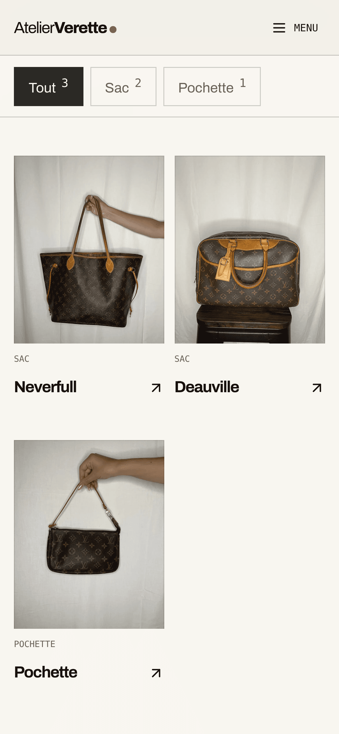 Catalogue Atelier Verette sur mobile avec filtres et pièces